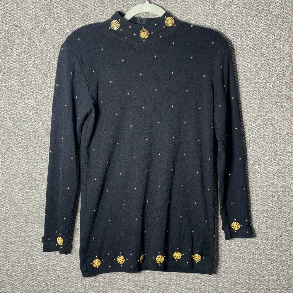 Ann Wi Womens Sweater Size Small Black‎ Wool Blend Studded Ornate Pullover Artsy